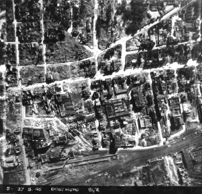 Dortmund in February 1945: reconnaissance photo by an RAF Mosquito reveals near-total devastation of the city centre after multiple night raids by 800 Lancaster bombers.