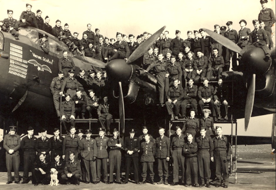 Centenary celebration: crews gather to celebrate the 100th mission flown by Lancaster bomber named ‘Vulture Strikes’, from B Flight of 550 Sqdn at the RAF North Killingholme air base in Lincolnshire in March 1945.